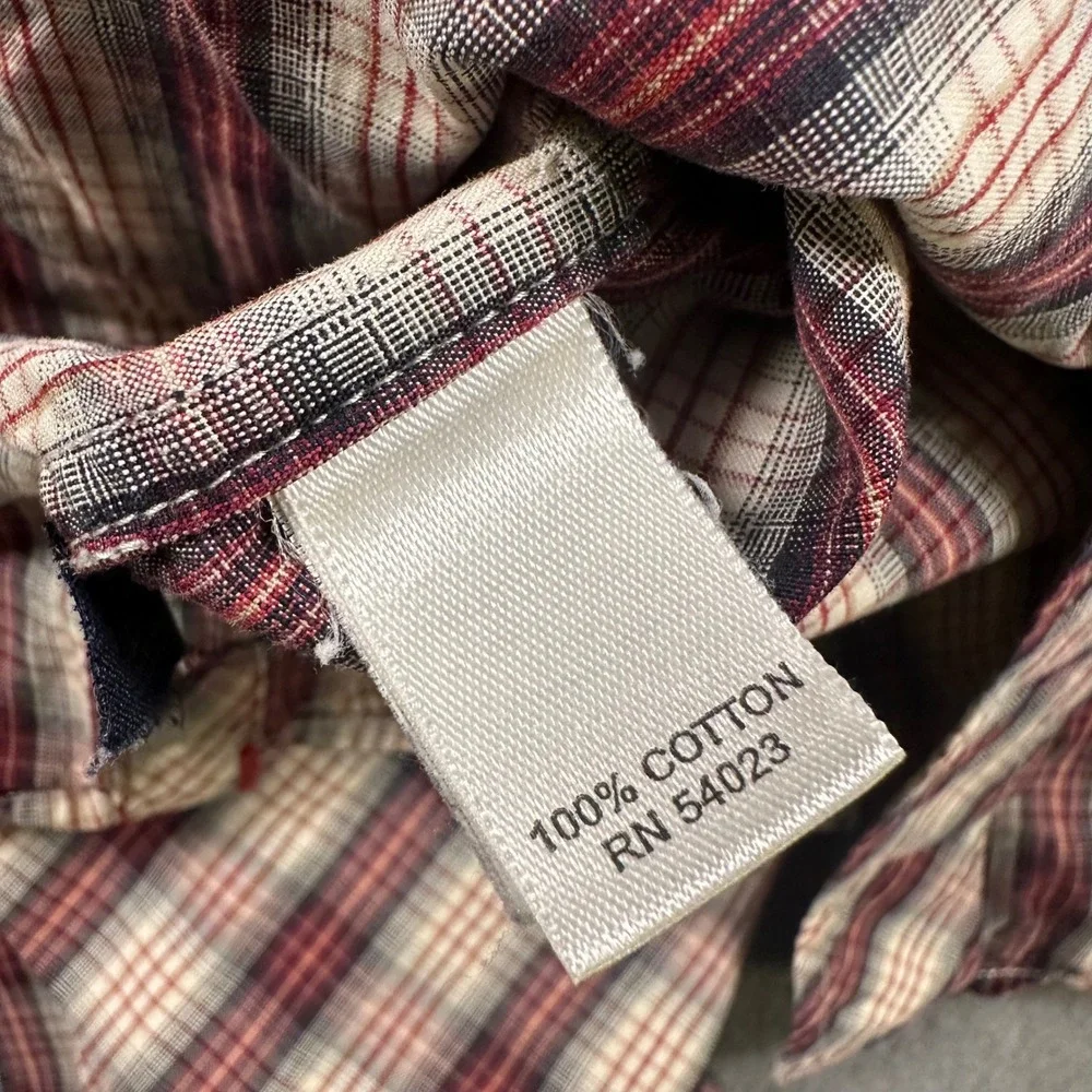 Banana Republic Mens Slim Fit Western Plaid Snap Button Shirt Red Cream Large